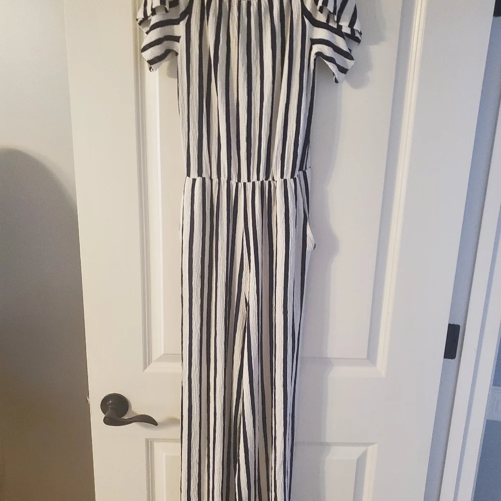 Ladies blue white stripe off the shoulder jump suit, elastic waist, side pockets - Picture 1 of 5